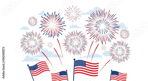 Illustration of American flags waving with vibrant fireworks exploding in the background against a light blue sky with white clouds.