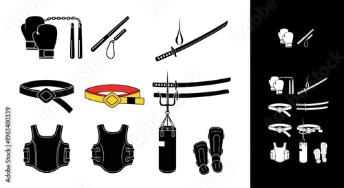Martial Arts Equipment and Combat Sports Gear Icons Set