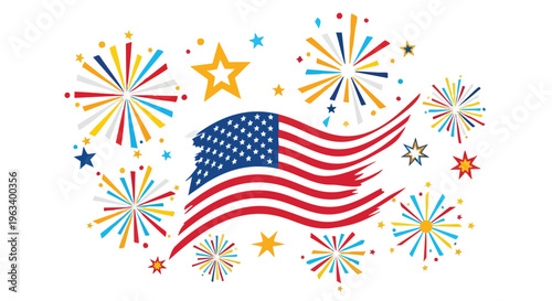 Graphic illustration of a waving American flag surrounded by colorful fireworks and stars on a white background with vibrant, celebratory mood.