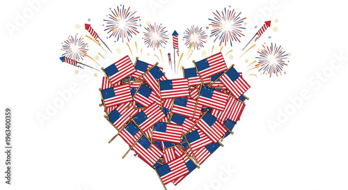 Flat lay of a heart-shaped arrangement of American flags with fireworks on a white background, conveying a patriotic and celebratory mood.