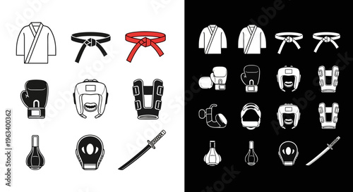 Martial Arts and Combat Sports Equipment Icon Set