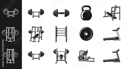 Gym Equipment Icons Set: Dumbbells, Barbells, Treadmills, and Fitness Machines