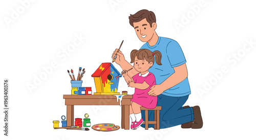 A man and a little girl painting together at a wooden table with art supplies on a white background.