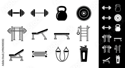 Gym Equipment Icon Set for Fitness and Weightlifting