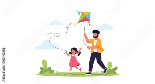 A man and a little girl flying a colorful kite on a green field with blue sky and clouds in the background.