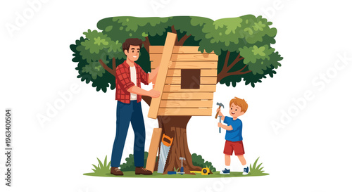 Illustration of a man and a boy building a wooden treehouse with tools in a backyard with trees.