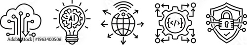 line art tech icons pack, cloud, artificial intelligence, cyber security, cryptography