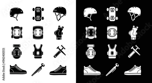 Skateboard Equipment and Protective Gear Icon Set