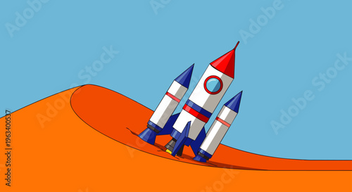 a cartoon rocket crash lands into a sandy desert dune depicting a space travel accident and unexpected exploration mishap.