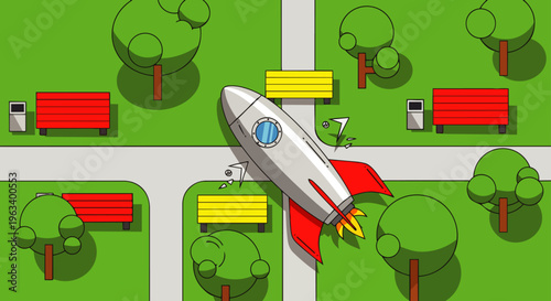 a cartoon rocket crashing dramatically onto a paved path in a public park creating an unexpected accident scene from an aerial view.