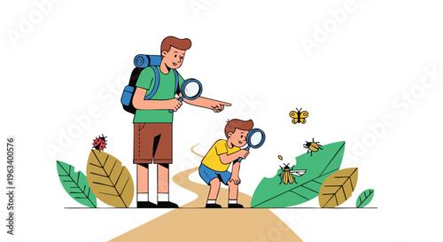 A father and son exploring nature with magnifying glasses on a path with leaves and insects.