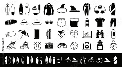 Summer Beach Vacation and Surfing Equipment Icons Set