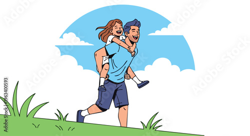 A cartoon illustration of a man carrying a girl on his back running on a grassy hill with a blue sky and white clouds in the background.