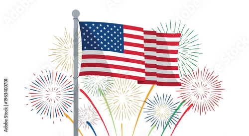 Illustration of the American flag waving with colorful fireworks exploding in the background on a white isolated backdrop.