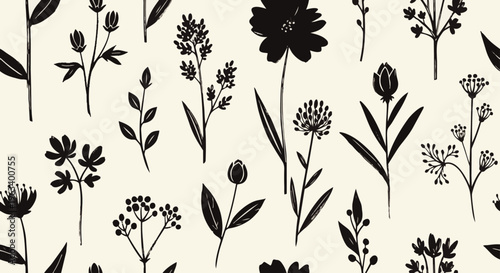black and white seamless botanical pattern with stylized flower and plant silhouettes creating an elegant organic nature background design.