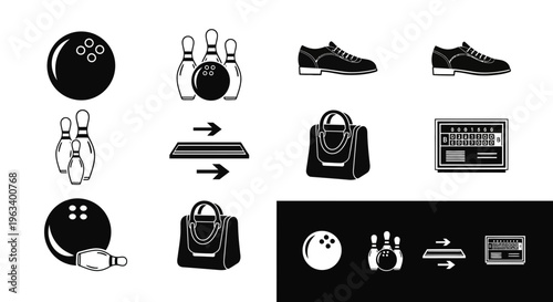 Bowling Sport Icon Set with Equipment and Accessories