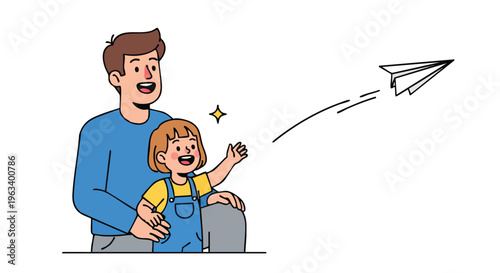 Illustration of a smiling man and a child in casual clothes throwing a paper airplane together with a joyful mood against a clean white background.