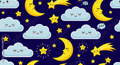 cute night sky seamless pattern featuring sleeping clouds cartoon moon and twinkling stars for sweet dreams and nursery decor.