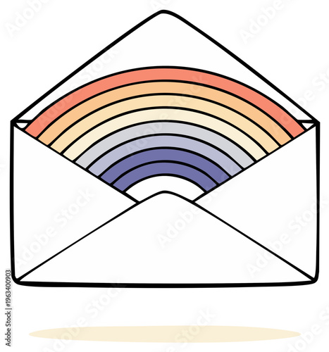 Whimsical rainbow peeking from an open envelope illustration