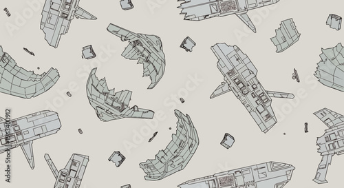 sci-fi spaceship wreckage and space debris with destroyed spacecraft parts floating in space ideal for technological disaster.