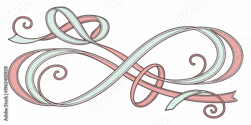A set of decorative swirling ribbon shapes in pink and green hues, smooth flowing curves and lines forming elegant swirls and twists, isolated on a white background.