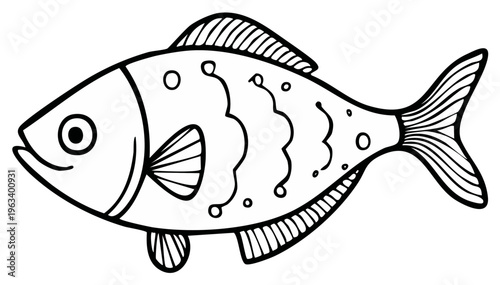 Black and white illustration of an aquatic fish cartoon drawing