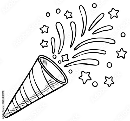 Drawing of a party popper shooting out stars and confetti, celebration illustration