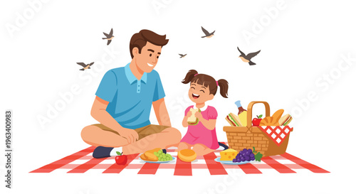 Illustration of a man and a little girl having a picnic on a red and white checkered blanket with a basket of food and birds flying overhead in a playful outdoor setting.
