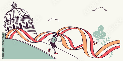 A woman runs up a hill with curved ribbons flowing behind her, a domed building in the background, conveying a sense of progress and achievement in a stylized, minimalist illustration.