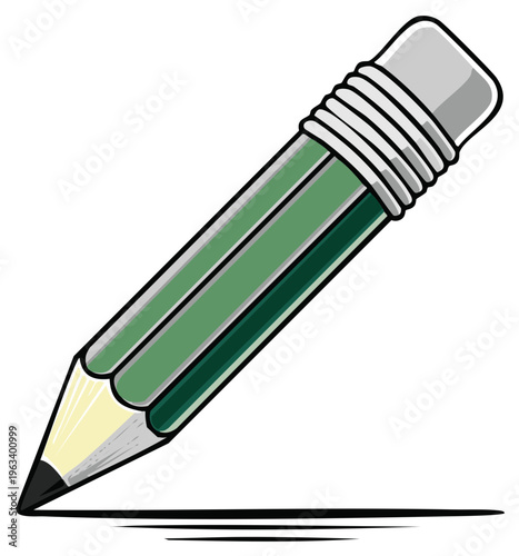 Green pencil with eraser drawing a line on white background, art and drafting tool