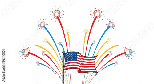 Illustration of the American flag waving with colorful fireworks exploding in the background on a white background.