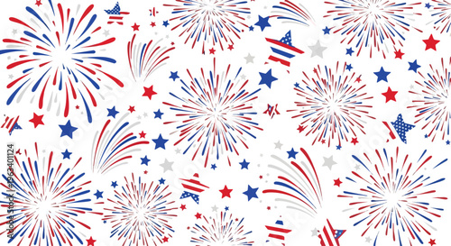 Vibrant red, white, and blue fireworks exploding with stars on a white background, conveying a festive and celebratory mood with patriotic colors.