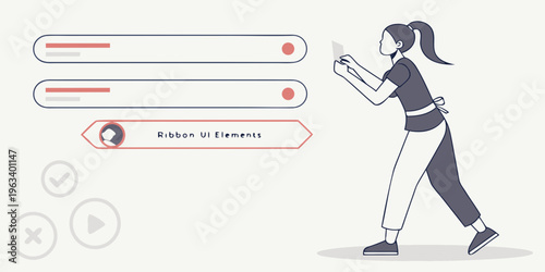 Modern interface design featuring a woman interacting with 3D ribbon UI elements on a sleek, contemporary digital platform.