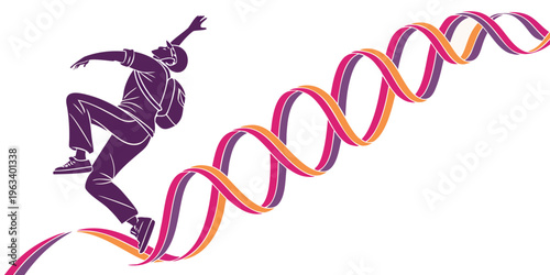 Dynamic motion ribbon set with twisted flowing shapes and a skateboarder in a fluid, vibrant, colorful, abstract design, conveying energy and movement.