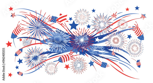 Vibrant fireworks display with red, white, and blue colors and star shapes on a clean white background.