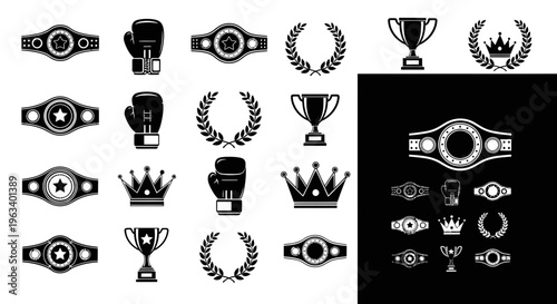 Championship Icons Set: Boxing Belts, Trophies, Crowns and Laurels