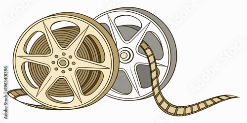 Golden and silver metallic 3D ribbon film reels with texture, illustration of movie or video film strip, cinematic award symbol, film industry icon, gold and grey colors.