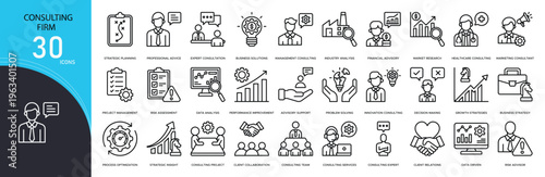 Consulting firm icons set representing advisory services, business strategy, client support, analysis, problem solving, corporate guidance and professional consulting in clean outline style.