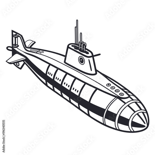 Vector illustration of a submarine silhouette on a white background, showcasing a sleek underwater vessel with conning tower and propellers.