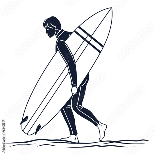 A surfer in a wetsuit walking on the beach carrying a surfboard, symbolizing adventure and the surfing lifestyle, with a minimalist flat design.
