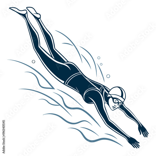 Professional swimmer in diving suit swimming through water with goggles on, dynamic movement and energy.