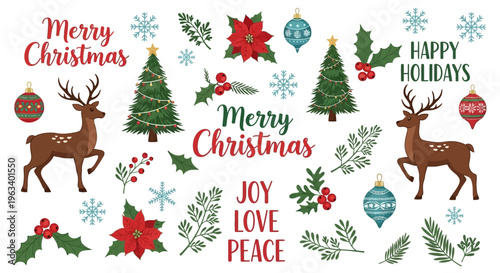 Christmas holiday elements with reindeer and pine trees on white background