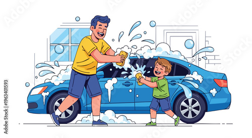 A man and a boy washing a blue car with soap suds in a driveway on a sunny day.
