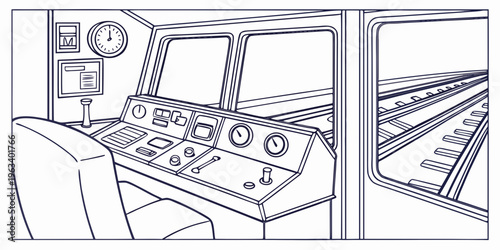 Detailed line art illustration of a train driver's cabin interior with control panel and seat, showcasing locomotive instrumentation and window views.