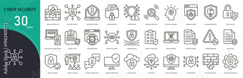 Cyber security related icon collections. Containing shield, lock, firewall, password, privacy, hacker, data, protection, antivirus, and encryption icons. Outline icons.