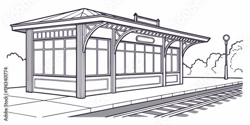 Line art illustration of a train platform shelter with a roof and benches, railway tracks, and a lamp post, in a minimalist black and white style.