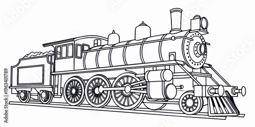 Side view of a vintage steam locomotive train engine in line art style, isolated on white background.
