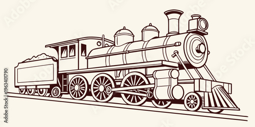 Side view of a vintage steam locomotive train engine in line art style, isolated on a beige background, with a single cargo car attached.