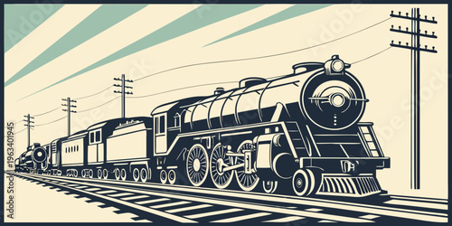 Vintage steam train locomotives in transportation set, silhouette illustration on tracks with power lines, nostalgic railway scene.