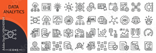 Data analytics related icon collections. Containing data, chart, graph, report, statistics, dashboard, analysis, metrics, insight, visualization icons. Outline icons.